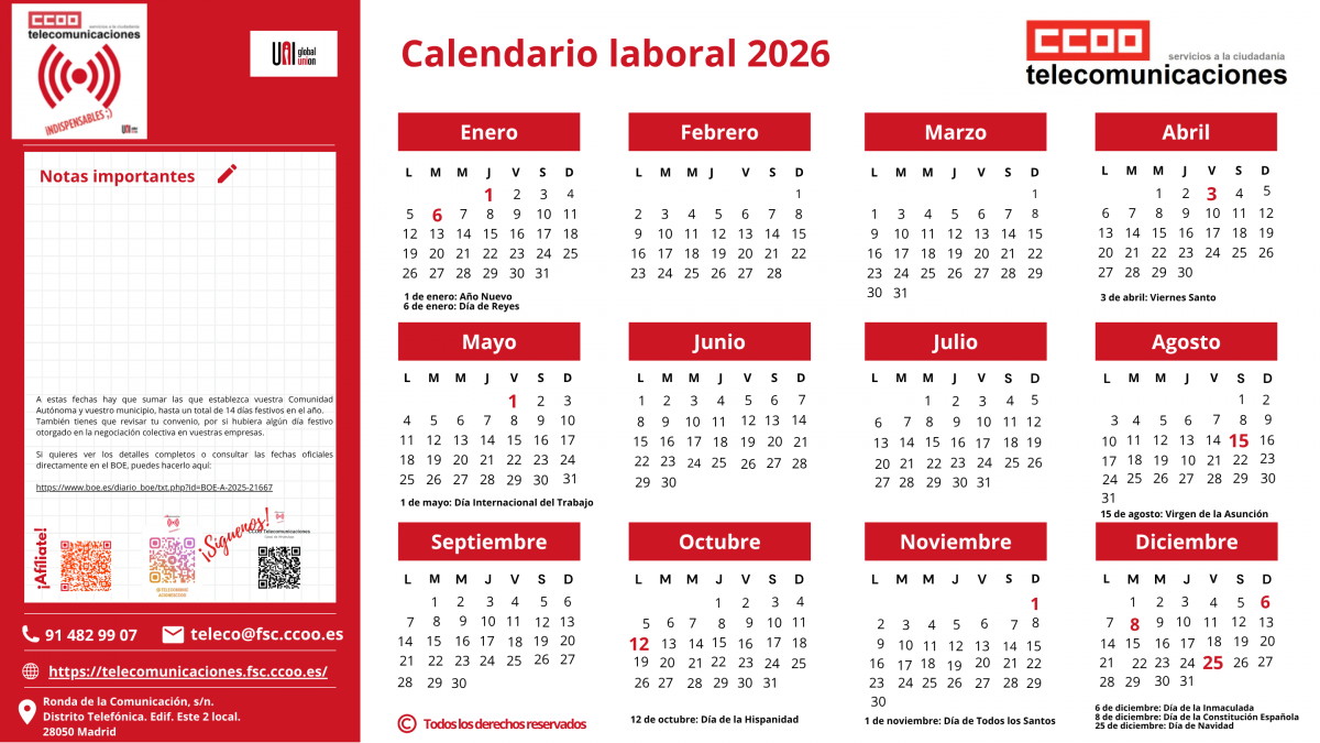 CALENDARIO LABORAL 2026